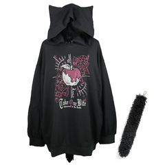 送料無料/[APPAREL]/ディオラート/[尻尾チャーム付 ] オーバーサイズ ネコ耳フード・プルパーカー [薔薇×毒林檎] ブラック×ワイン (F) ゴスロリ・パンク/Deorart