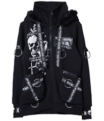 [APPAREL]/セックスポットリベンジ/PLEDGE REVERSE SKULL SHORT ZIP パーカ 黒×白+赤 (M) ゴスロリ・パンク/SEX POT ReVeNGe_1