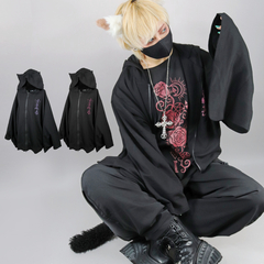 送料無料/[APPAREL]/ディオラート/[尻尾チャーム付 ] [着物袖] オーバーサイズ・振袖ジップパーカー ブラック×ワイン (F) ゴスロリ・パンク/Deorart
