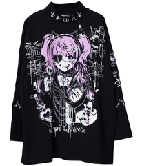 [APPAREL]/セックスポットリベンジ/精神安定剤 LACE UP SLEEVE MOCK NECK BLACK カットソー 黒 x 白+ ピンク (F) ゴスロリ・パンク/SEX POT ReVeNGe