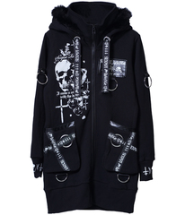 [APPAREL]/セックスポットリベンジ/噛み付けば？ REVERSE SKULL LONG ZIP パーカ 黒 x 白+赤 (M) ゴスロリ・パンク/SEX POT ReVeNGe_1