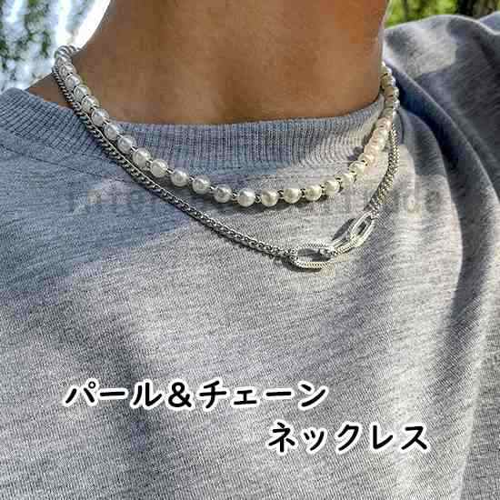 ネックレス メンズネックレス パールネックレス チェーンネックレス 二連 二重 ダブルネックレス メンズアクセサリー ジュエリー 男性 シの通販は