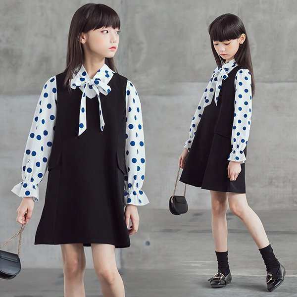 キッズ 長袖ワンピース ワンピース 子供服 春 秋 シフォンワンピース ドット柄 子供ドレス ジュニア チュニック フレア おしゃれ 可愛い