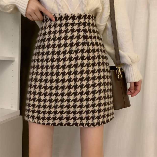 スカート レディース ボトムス ペンシルスカート 千鳥格子 チェック柄 ハイウエスト ショート丈 ミニ丈 切り替え スリム 細身 Aライン スの通販は
