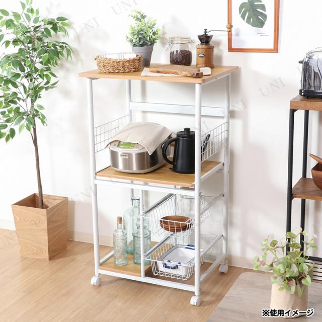 レンジワゴン ホワイト/ナチュラル FBC-9812 不二貿易 キッチンラック キッチン用品 食器 調理器具 キャスター付き スライド式中棚 バスケット2杯付き_3
