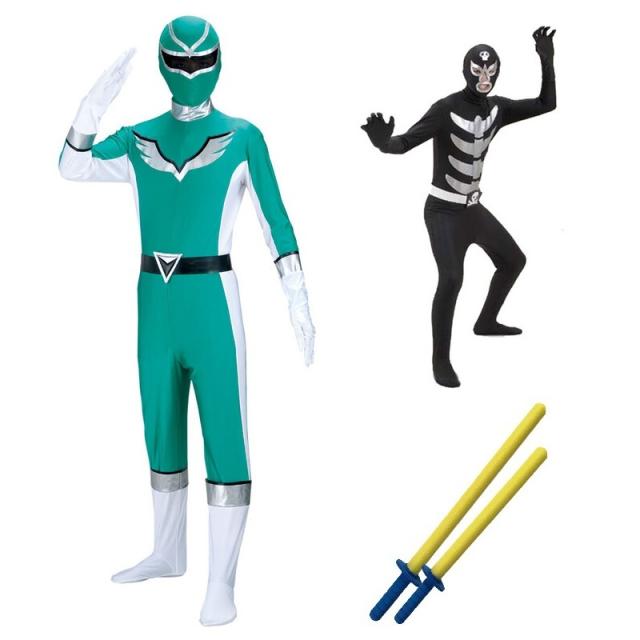 コスプレ 仮装 [1対1決闘セット] 爆笑戦隊パーティーレンジャーウイング グリーン (対) ネオブラックスカル戦闘員 【 女性用 レディース 男女兼用 メンズ パーティーグッズ 余興 ハロウィン 男性用 大人用 衣装 コスチューム ヒーロー 】
