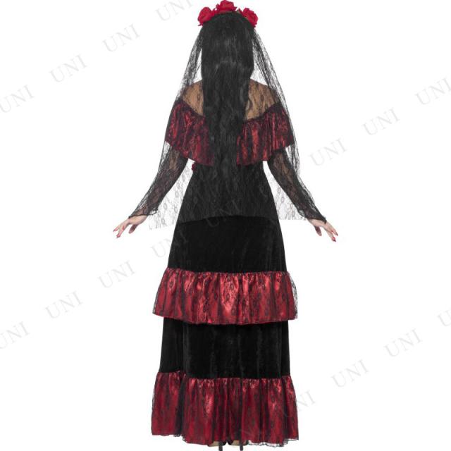 コスプレ 仮装 死者の日 スカル花嫁 大人用 L Smiffys ゴシックドレス 仮装 コスプレ衣装 女性用L ベルベット素材 レースの長袖 スリット入り 赤いバラのヴェール_2