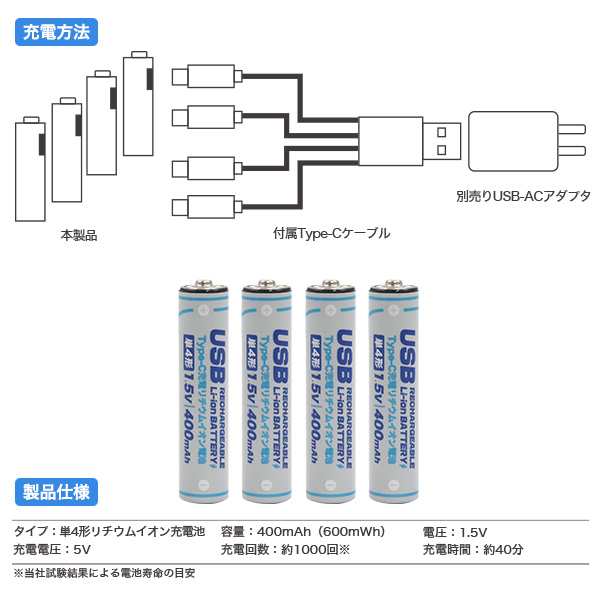 Type-C充電 単4 リチウムイオン電池 (単4形×4個セット) 4本 Type-C充電 単4 リチウムイオン電池 (単4形×4個セット) 4本