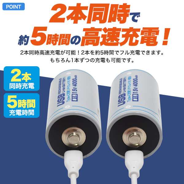 充電池セット Type-Cケーブルで直接充電 リチウムイオン電池 単1形