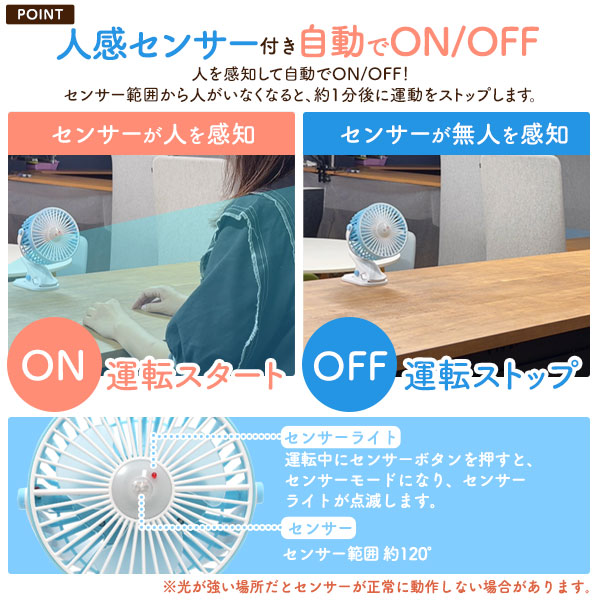 扇風機 センサーファン 充電式 センサー付きクリップファン