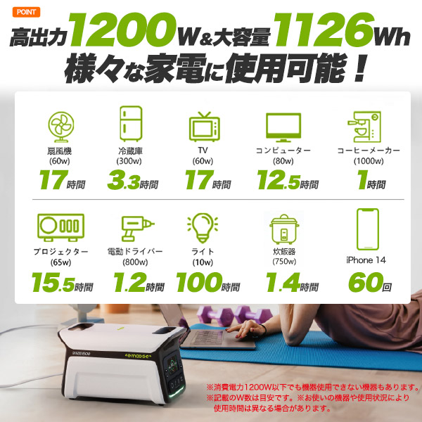 リン酸鉄リチウムイオンポータブル電源 大容量1126Wh / 高出力1200W (瞬間最大出力2400W) リン酸鉄リチウムイオンバッテリー 出力12ポート 様々な家電で使用可能 車中泊 キャンパー アウトドア キャンプ 災害時 持ち運び 蓄電池 送料無料 防災グッズ 防災用品_4