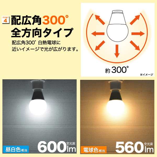 調光器対応 LED電球 E26 40W形 口金E26 昼白色相当 600lm 電球色相当 560lm 配広角300°