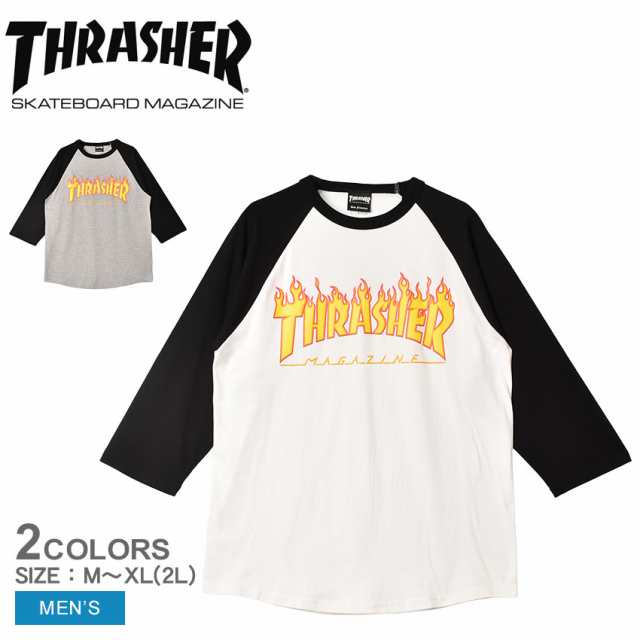 スラッシャー 長袖Tシャツ メンズ FLAME 7／S TEE ホワイト 白 ブラック 黒 グレー THRASHER TH92130 ウェア 長袖 七分袖 プリント クルーネック スケート スケボー スケートボード カジュアル シンプル ロゴ トップス 七分 カットソー ◇50%OFF◇