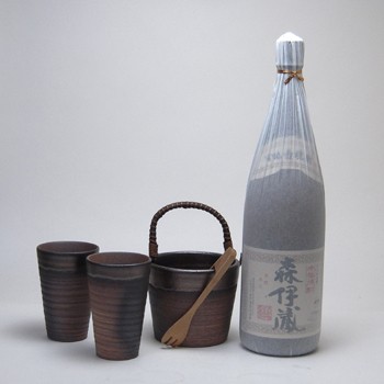 豪華酒器セット陶芸作家 安藤嘉規作（本格芋焼酎 森伊蔵1800ml）焼酎ギフト 焼酎