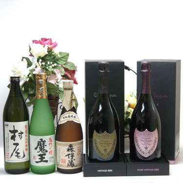 セレクションSAKE史上最強福袋5本セット(芋焼酎魔王720ml 芋焼酎森伊蔵720ml 芋焼酎村尾900ml ドン ペリニヨン ロゼ750ml ドンペリニヨン　ギフト箱付　白 正規輸入品750ml)