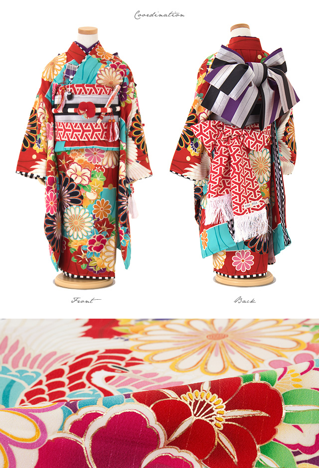 七五三 着物 7歳 購入 販売 七歳 着物セット Japan Style 高橋大輔 赤 レッド 水色 ブルー 花 菊 椿 鉄線 鶴 湧水 縞 ストライプ 作り帯の通販はau Pay マーケット Soubien