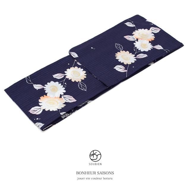 【bonheur saisons(ボヌールセゾン)レディース浴衣】紺/ネイビー/白/向日葵/ひまわり/花/雨縞/綿/紅梅織/フリーサイズ|au Wowma!