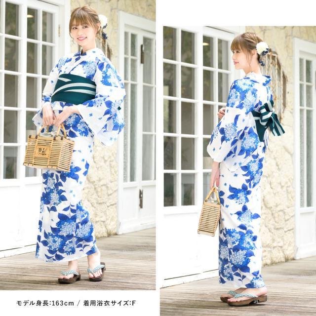 ブランド直営 浴衣セット レディース レトロ 作り帯 浴衣セット 大人 3点セット 白 ホワイト 青 緑 紫陽花 あじさい 綿 女性 ボヌールセゾン S フリー 新規購入 Www Flixel Org