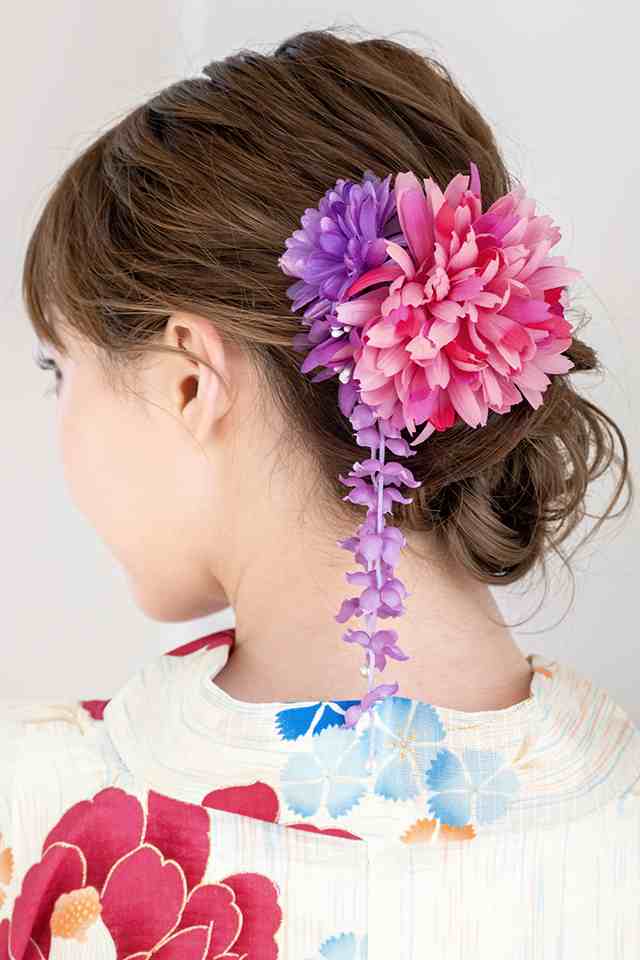 髪飾り ピンク紫 ピンクパープル 菊 花 フラワー ブラ飾り くちばし 