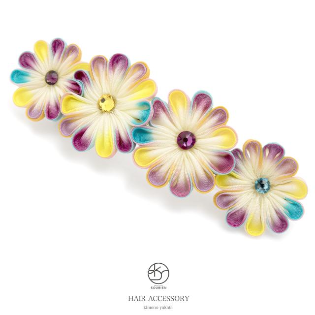 ちょい足しに便利な小ぶりのバレッタ 黄色 紫 菊 花 ラインストーン ビジュー 髪留め 髪飾り 小紋 浴衣 カジュアル つまみ細工の通販はau Pay マーケット Soubien