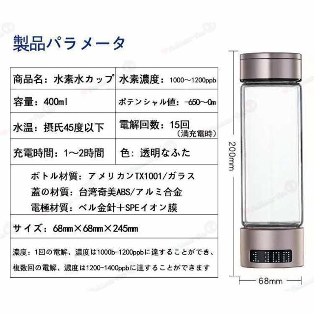 水素吸入器 水素生成器 1000-1400ppb 高出力 純度99.9以上 水素ボトル