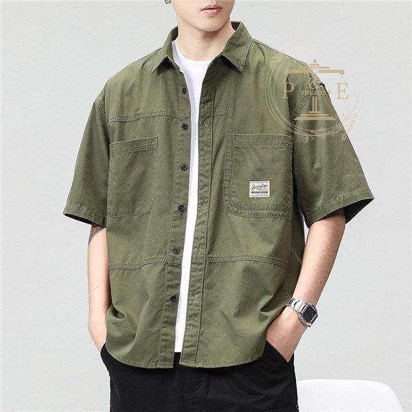 半袖シャツ メンズ 紳士シャツ ボタンダウンシャツ 前開き 立ち襟 かっこいい ミリタリーシャツ 軍服 アウトドア お兄系 おしゃれ ゆったりの通販は