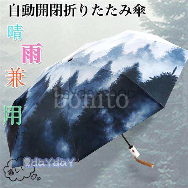 折りたたみ傘 レディース 晴雨兼用 日傘 完全遮光 uvカット 水彩模様 森 おしゃれ ワンタッチ開閉の通販は