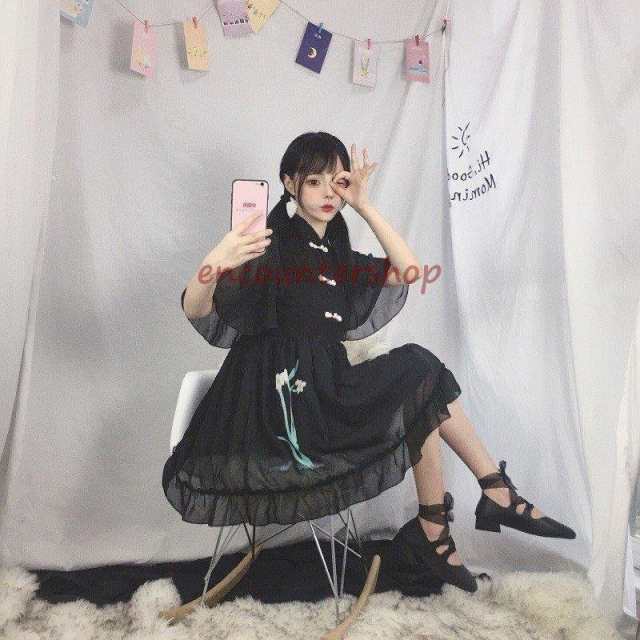 チャイナ風 ブラック ワンピース 華ロリ 中華 ロリータ ロリィタ