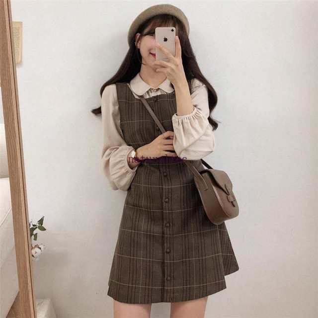 韓国 服 レディース ワンピース チェック レトロ トップス