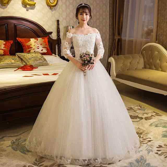ウェディングドレス オフショルダー ロングドレス Aライン 結婚式 花嫁ドレス 袖あり ホワイトドレス 披露宴 二次会 編み上げ パニエ付き