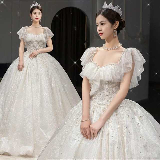 ウェディングドレス 袖あり フレア袖 オシャレ ホワイトドレス 結婚式ドレス 海外挙式 花嫁ドレス 白 パール エレガント キレイめ ロング