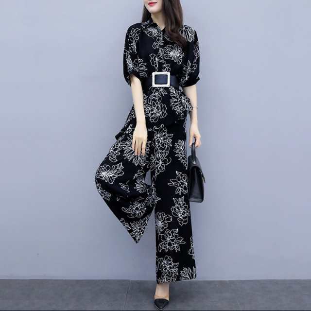 セットアップ レディース 夏 40代 韓国風 半袖 オシャレ 花柄