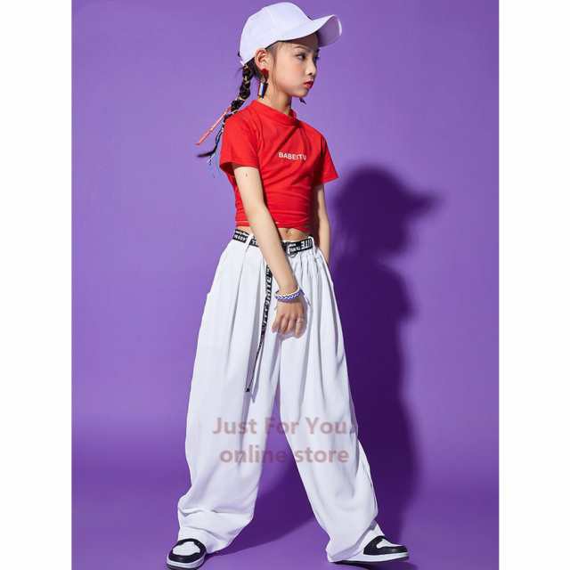4色 キッズ ダンス衣装 ヒップホップ 子供服 ヘソ出しｔシャツ パンツ 長ズボン 半袖 女の子 ボトムス ジャズダンス 練習着 かっこいいの通販は