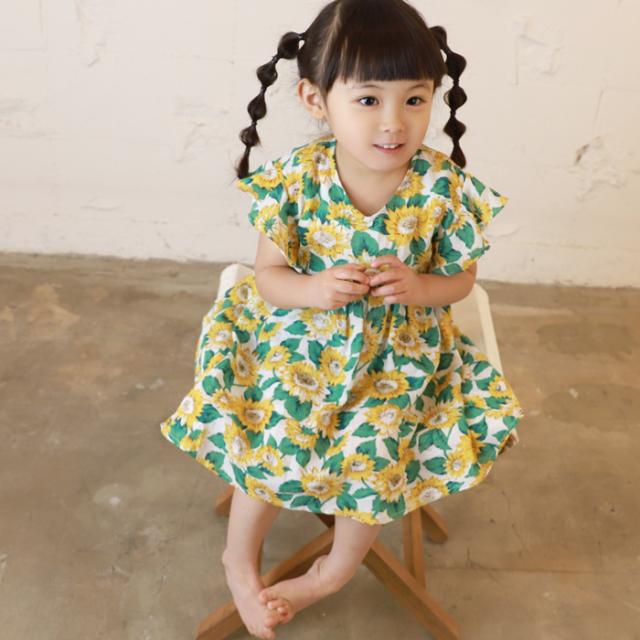 値下げ 1990円 550円 キッズ80 100 メール便不可 袖フリルひまわり柄フレアワンピース 子供服 半袖 Vネック Aライン 花柄の通販はau Pay マーケット Coca