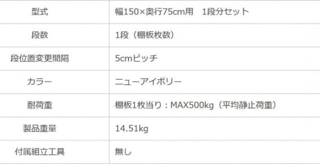中量ラック 耐荷重500kgタイプ 単体 間口1500×奥行750mm 追加板 ニューアイボリー |b03_2
