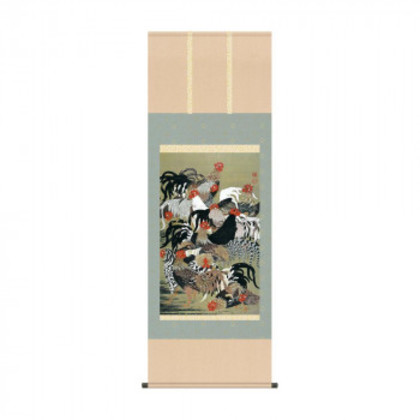掛軸 伊藤若冲群鶏図 54.5×153cm KZ2G9-031 |b03