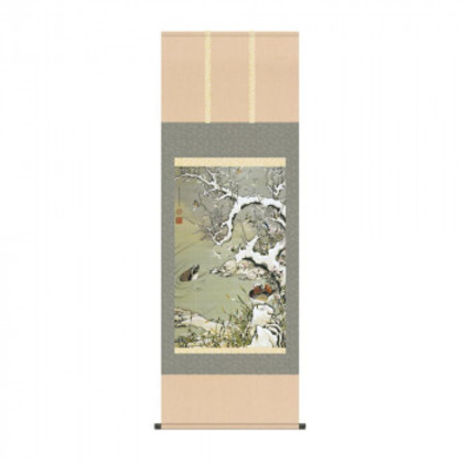 掛軸 伊藤若冲雪中遊禽図 54.5×153cm KZ2G9-036 |b03