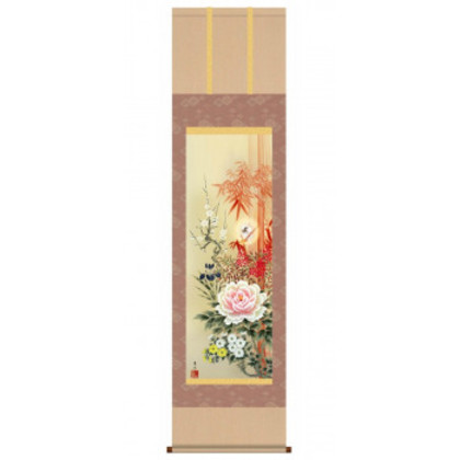 緒方葉水 開運掛軸(尺五) 「四季花吉祥競艶図」 桐箱入り D5-022 |b03