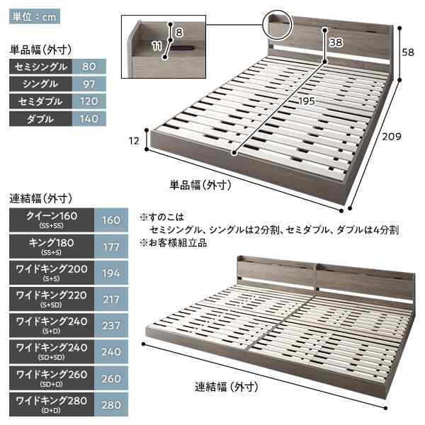 ベッド ダブル ベッドフレームのみ グレージュ 低床 連結 ロータイプ 棚付き すのこ 木製 |b04