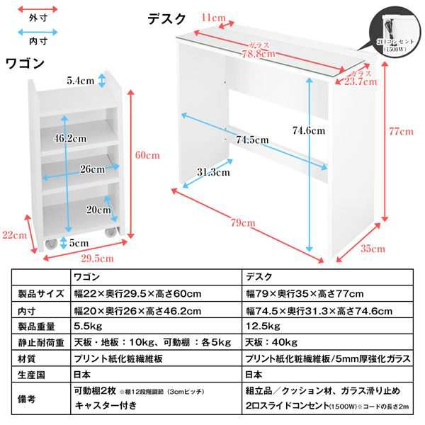 送料無料 日本製 ガラス天板 サイドワゴン付きコスメデスク ホワイト