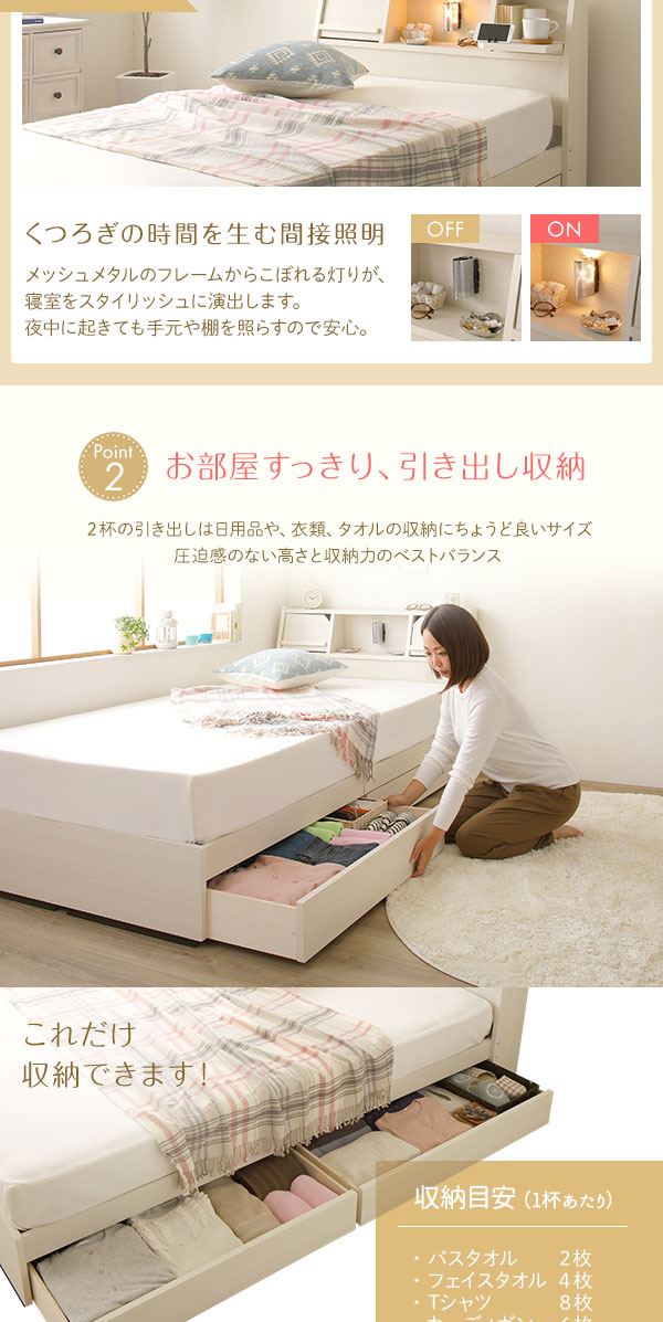 ベッド 日本製 収納付き 引き出し付き 照明 棚付き 宮付き 『Lafran』 ラフラン ダブル 海外製ポケットコイルマットレス（両面仕様）付き ホワイト  送料無料の通販は