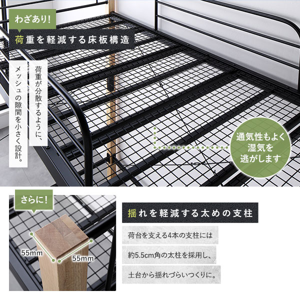 シングルベッド 黒 ブラック 単品 ロフトベッド 〔 シングル ミドル