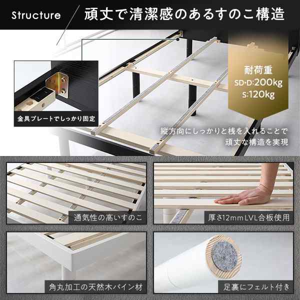 ベッド シングル 国産ポケットコイルマットレス付き(レギュラー) ホワイト すのこ 棚付き コンセント付き スマホスタンド 頑丈 木製 ベッド下収納 高さ調整可 組立品 送料無料の通販は