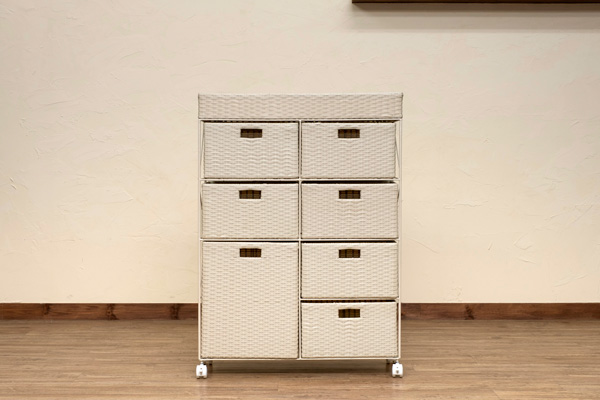ラタン調　チェスト　4段　アイボリー チェスト タンス 約幅700mm 4段 ワイド アイボリー 乳白色 キャスター