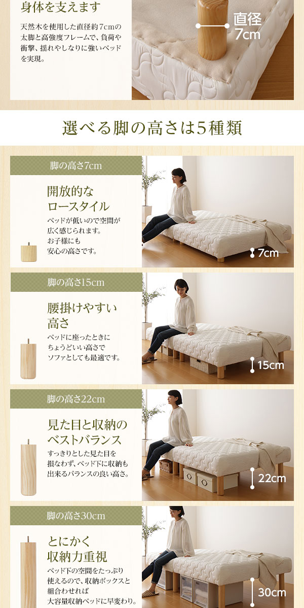 日本製 脚付きマットレスベッド シングル (国産ポケットコイルマットレス ややかため線径1.8mm) 脚15cm 脚付きマットレス セミシングル ポケットコイル 18.5cm脚 日本製