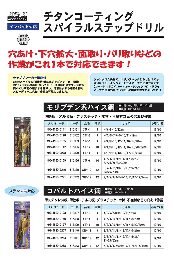 【新品】(業務用5個セット) H＆H コバルトステップドリル/先端工具 〔STP-11 9段〕 5～21mmサイズ 〔DIY用品/大工道具〕 業務用5個セット) H＆H コバルトステップドリル/先端工具 【STP