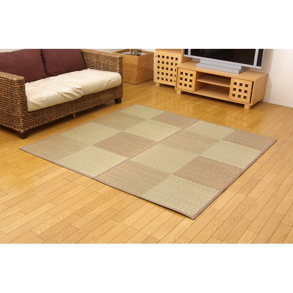 い草 藺草 花ござ/ラグマット じゅうたん カーペット 敷き物 【市松柄 ブラウン 江戸間2畳 約174×174cm】 裏：不織布 防傷加工 抗菌 清潔 ＆防臭効果 裏張CP 〔リビング〕 茶 送料無料の通販は