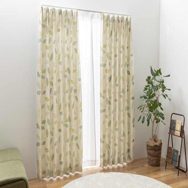 日本製 カーテン ドレープカーテン 遮光 3級遮光 洗える シンプル リーフ ナチュラル カジュアル タッセル付き ウォッシャブル 【幅150cm 長さ80 cm 1枚 グリーン】 緑 送料無料の通販は