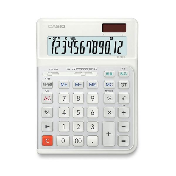 カシオ人間工学電卓 左手用 12桁 デスク (テーブル 机) タイプ ホワイト DE-12D-L-WE-N 1台 白 送料無料