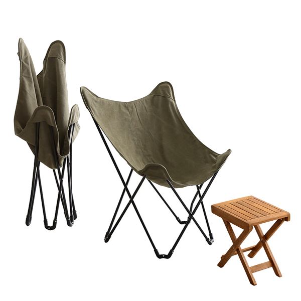 フォールディングテーブル 机 ＆チェア (イス 椅子) 3点セット テーブル 約幅40cm チェア 約幅73.5cm 同色2脚組 カーキナチュラル アウトドア